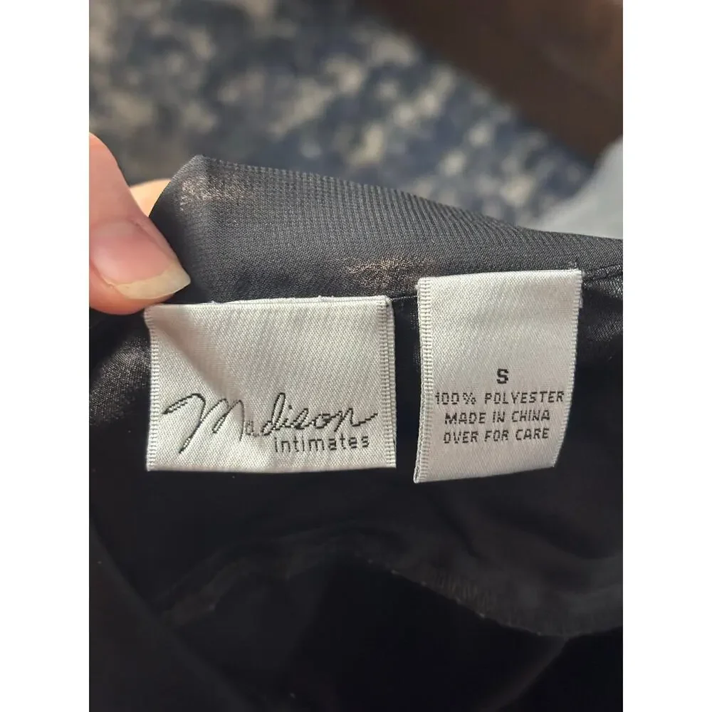 Vintage Madison Intimates Black Satin & Lace Beaded  Nightgown Slip‎ Dress Small